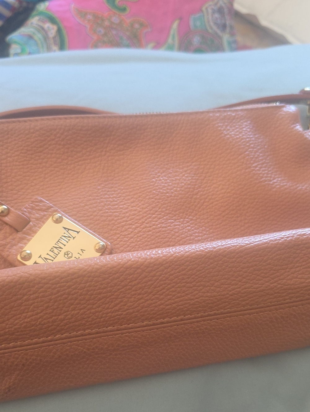 Valentina Tan Pebbled Leather Shoulder Bag with Gold Plaque